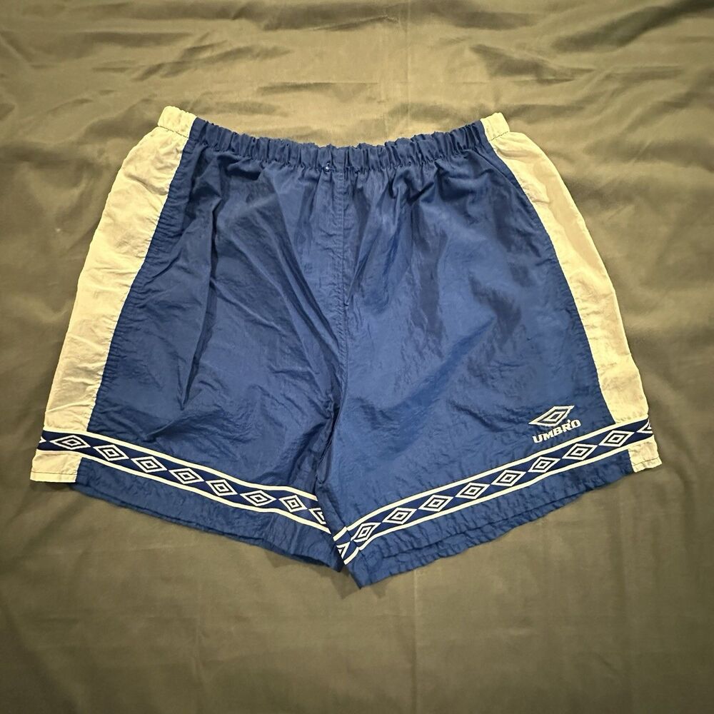 Vintage 90s Umbro Soccer Shorts Mens L Made in USA 100% Nylon Geometric Trim